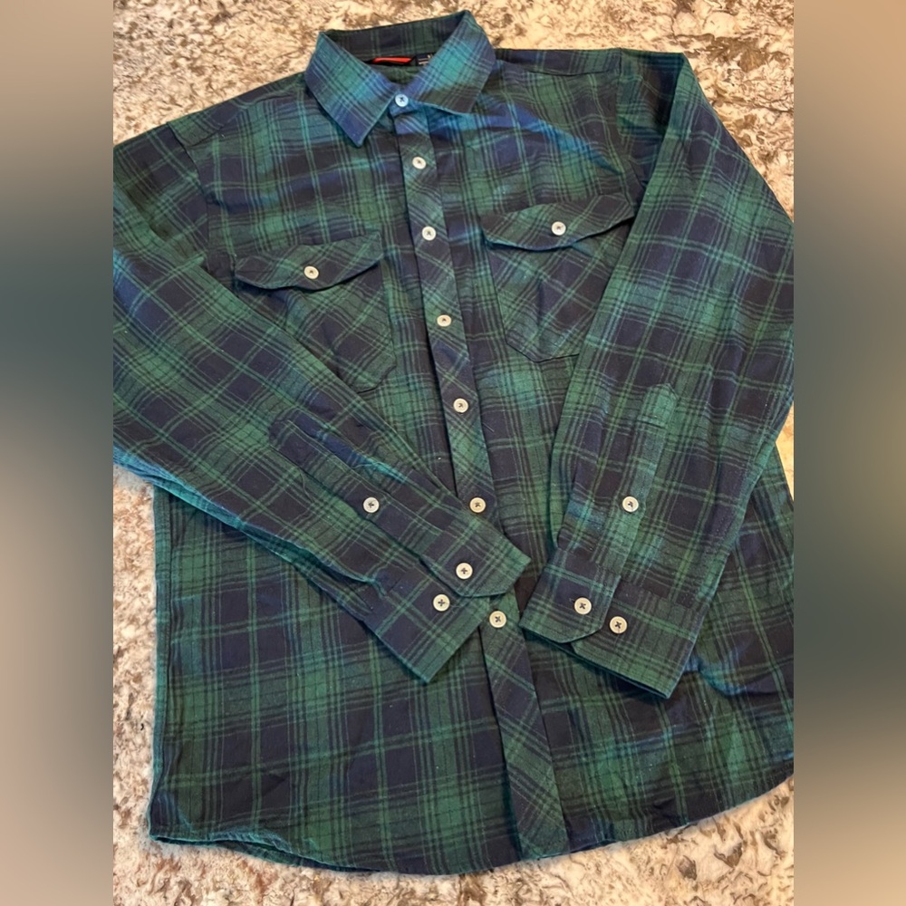 S NEW Design in Italy Flannel Shirt Mens Green Blue Plaid Pockets Long Sleeve